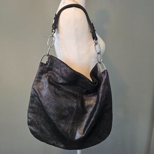 Badgley Mischka Designer Gray Suede Silver Hobo Shoulder Bag Dark Romance Boho
